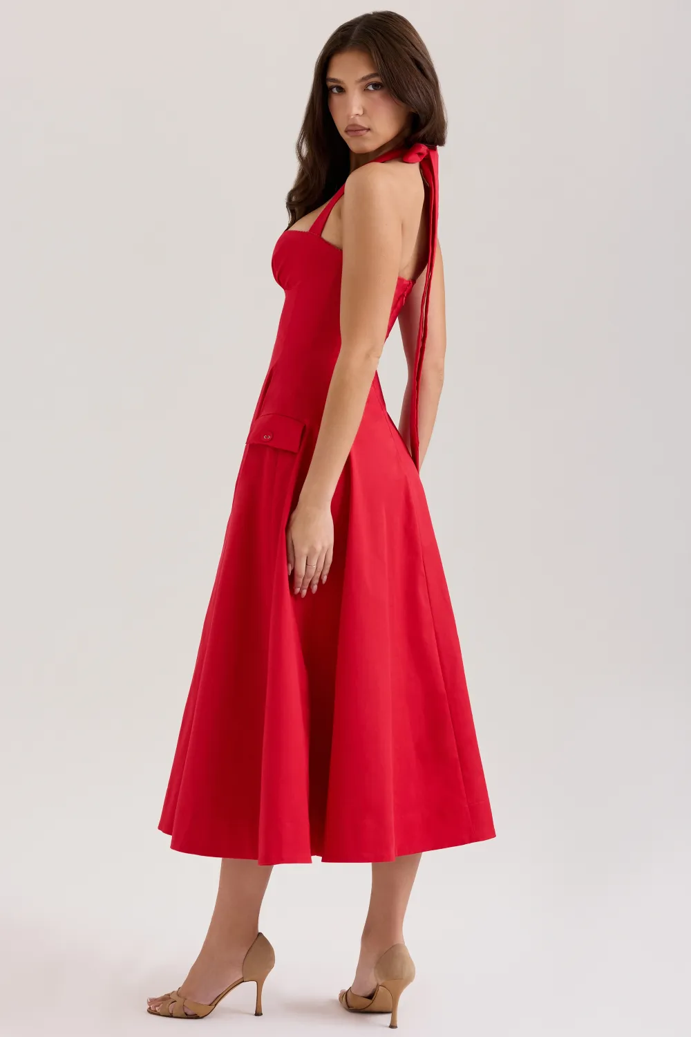 Red Stretch Cotton Button Halter Neck Midi Dress