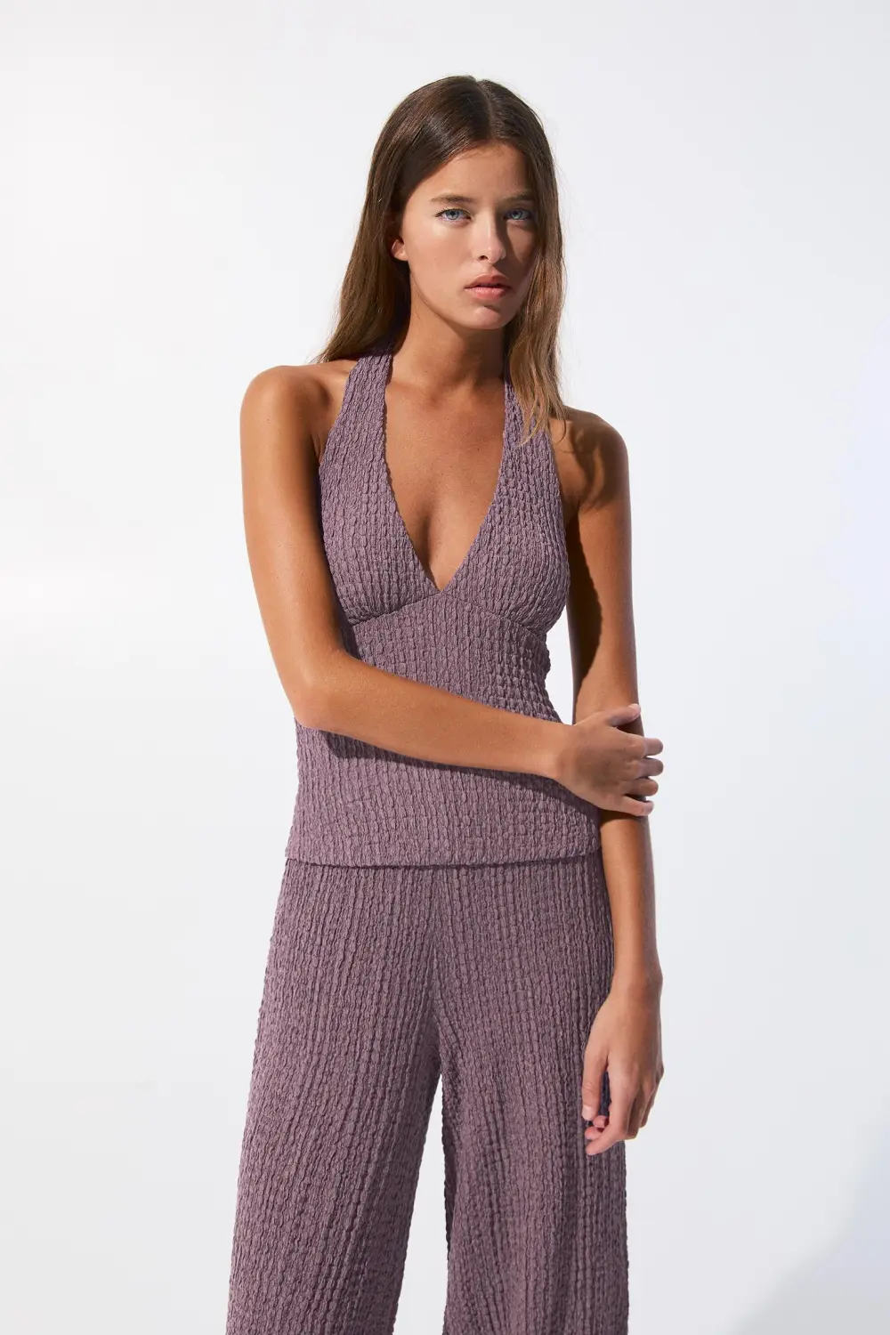 Creased-effect halter top