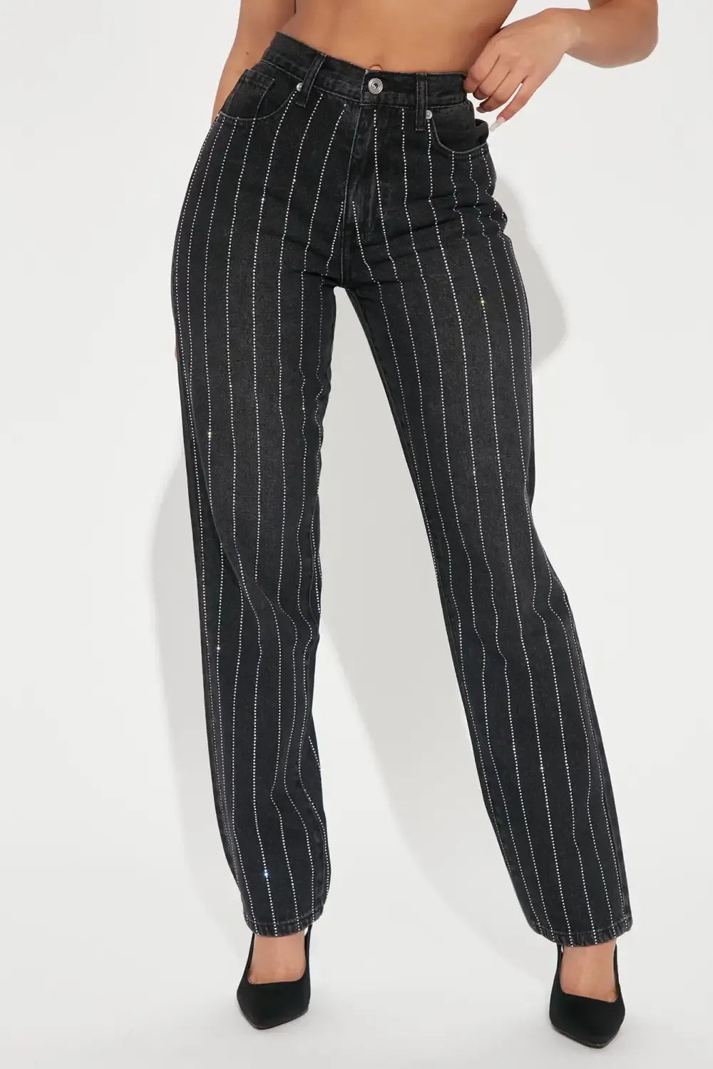 Outshine You Non Stretch Embellished Straight Leg Jeans - Black
