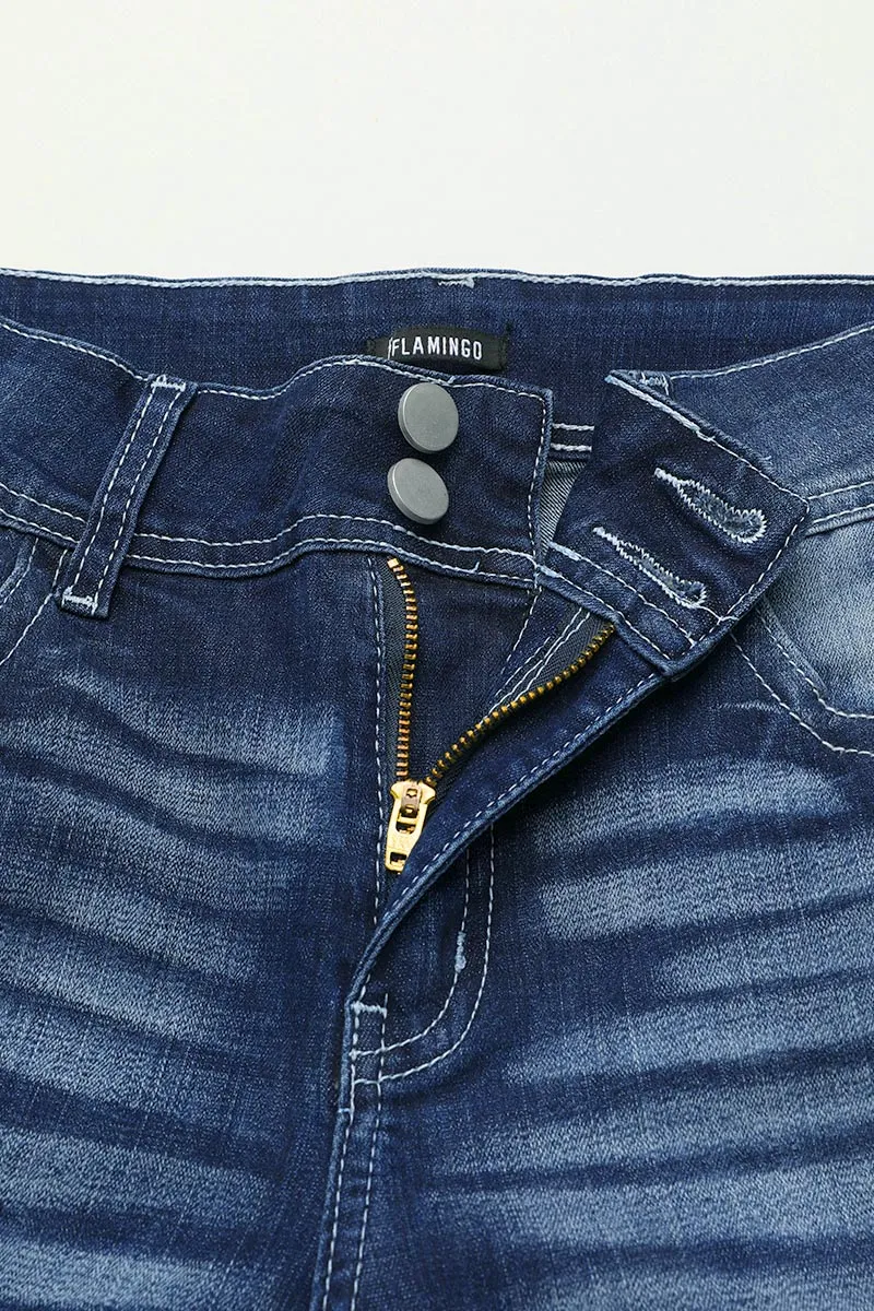 Double Button Wash High Stretch Mid Waist Skinny Jeans