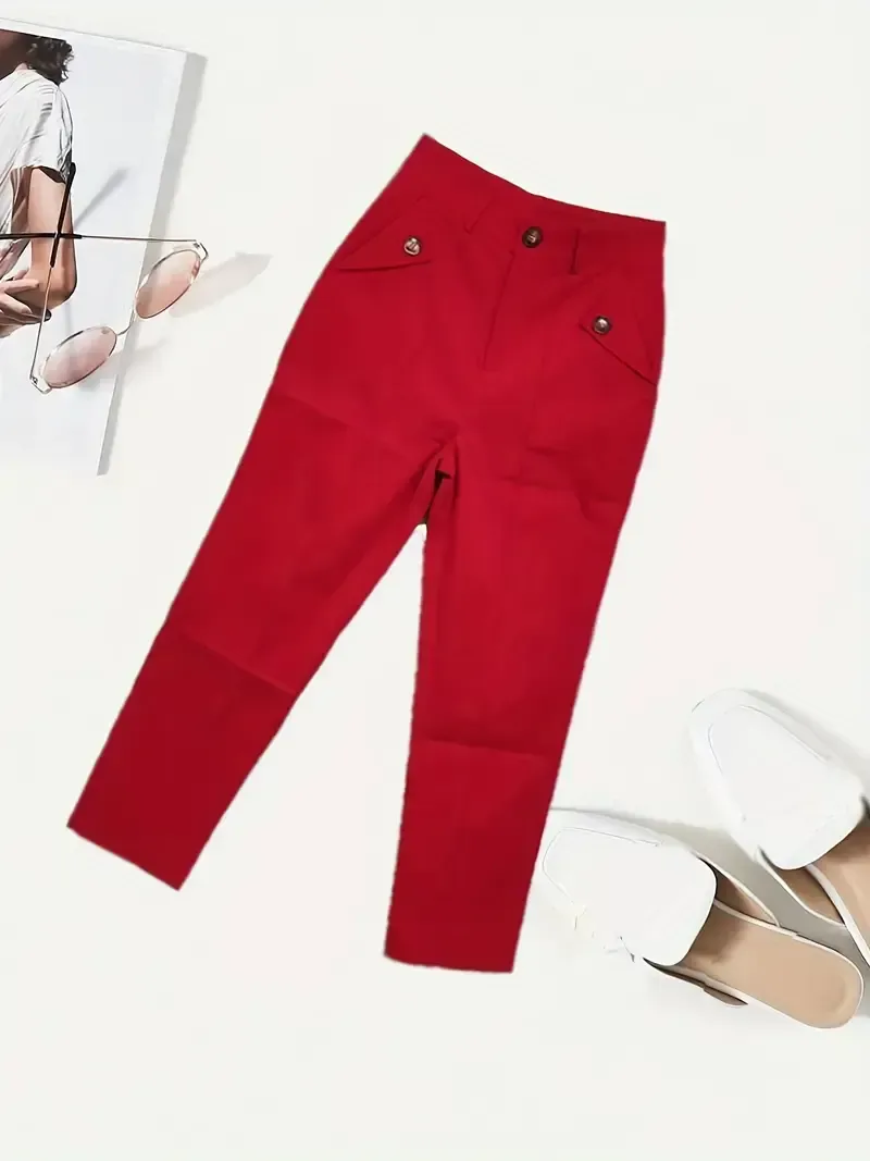 Skinny Leggings Pants - Solid Belted, Slant Pocket Button, Casual Every Day - Women's Clothing