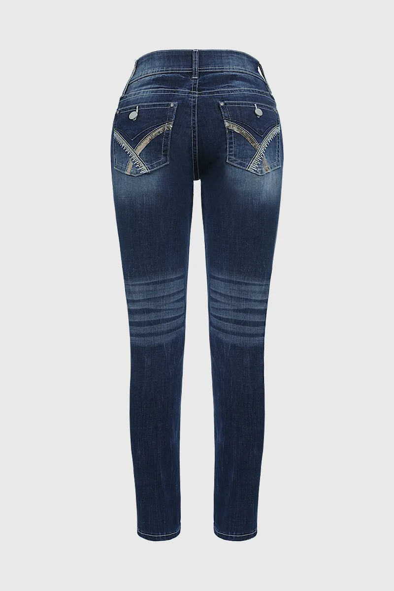 Double Button Wash High Stretch Mid Waist Skinny Jeans