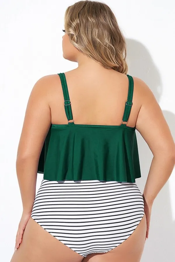 Striped Scoop Neck Ruched Flounce Blouson Tankini Top