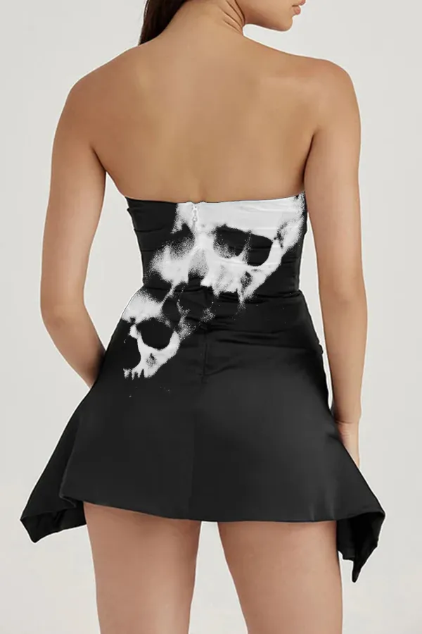 Silky Satin Pleated Trim Corset Strapless Party Mini Dress - Black