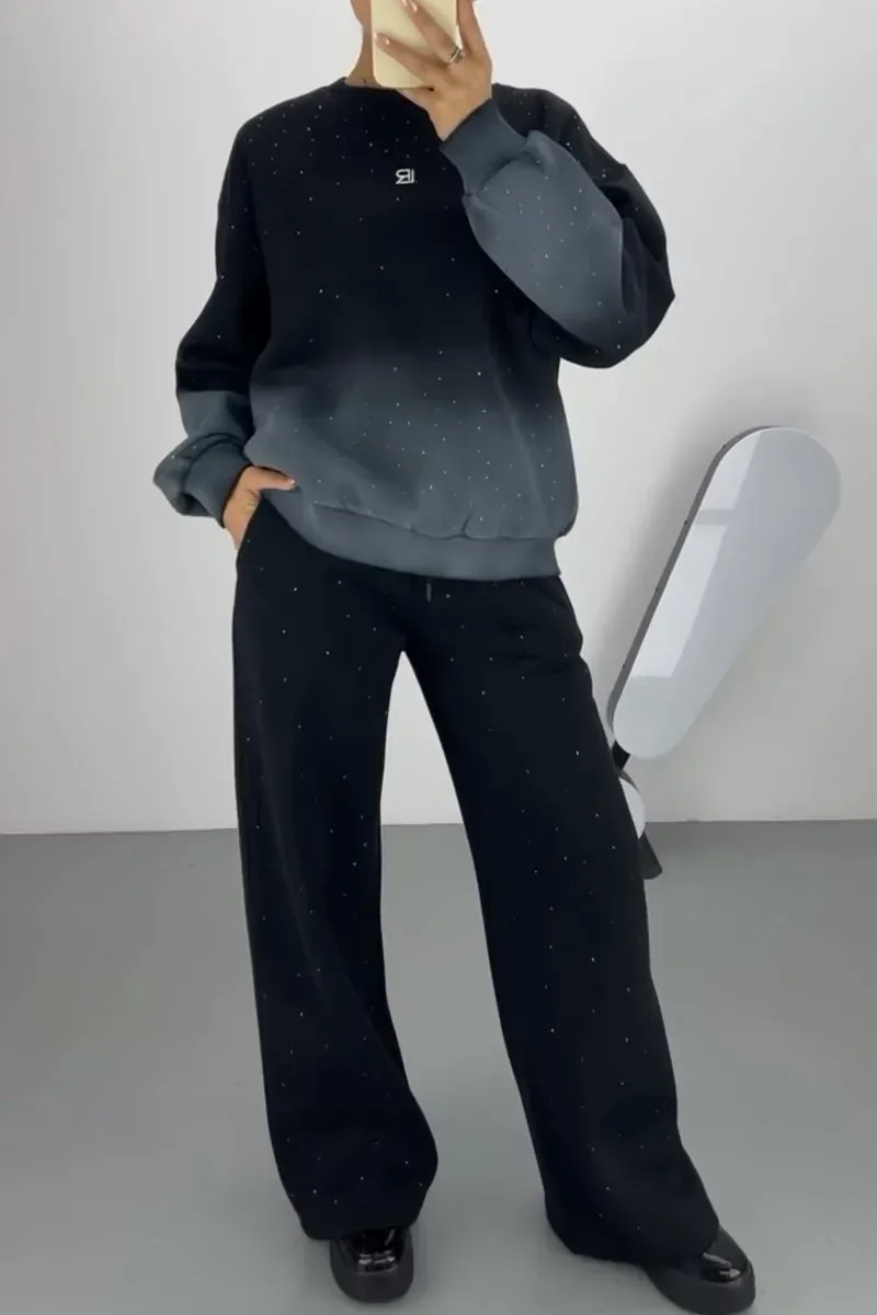 Women's Casual Rhinestone Embellished Ombre Crew Neck Top and Pants Two-Piece Set