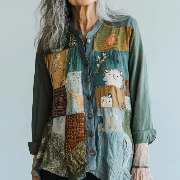Bohemian Style Patchwork Art Animal Forest Embroidery Linen Long Sleeve Shirt