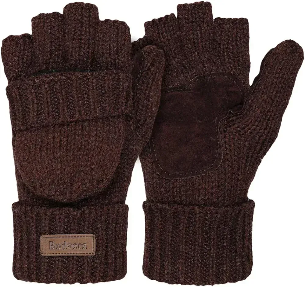 Bodvera Thermal Insulation Fingerless Texting Wool Gloves for Women and Men Winter Warm Knitted Convertible Mittens Flap