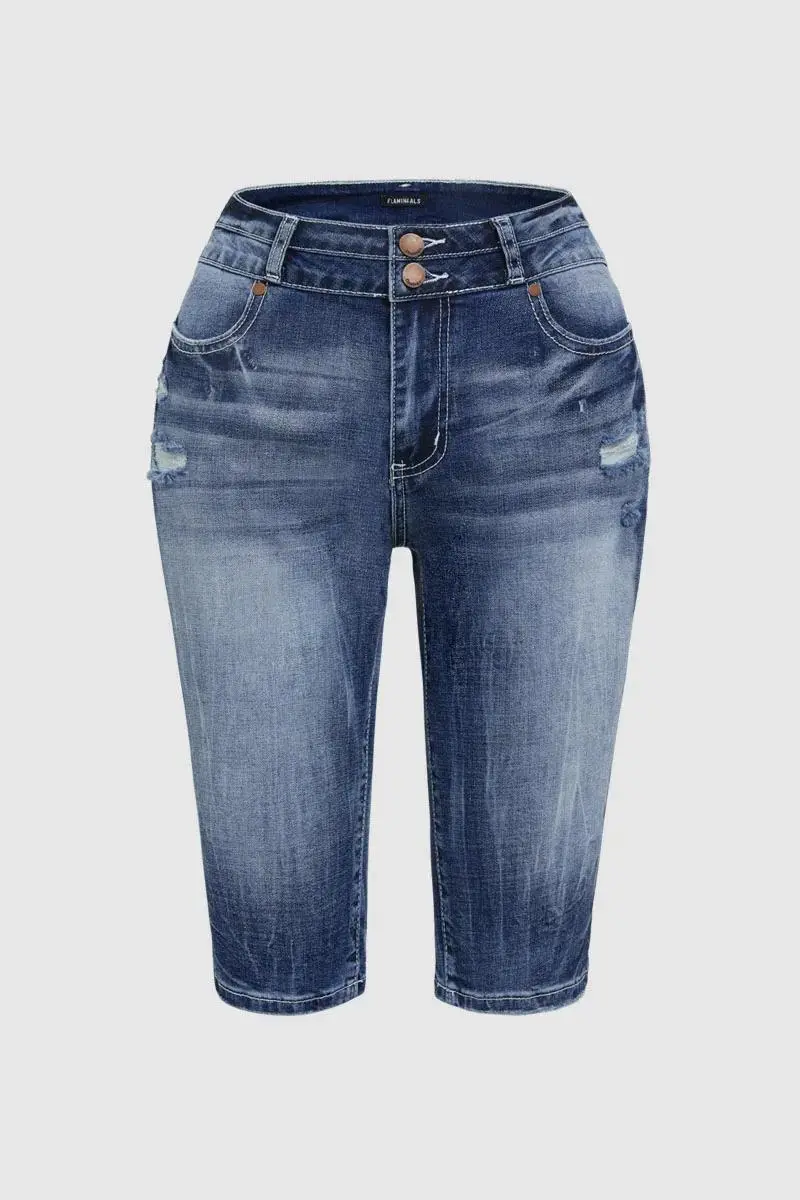 Wash Double Button Ripped High Rise Bermuda Denim Shorts