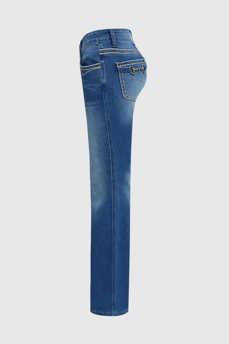 Wash Metal Decor Stitch Detail Mid Rise Bootcut Jeans Without Belt