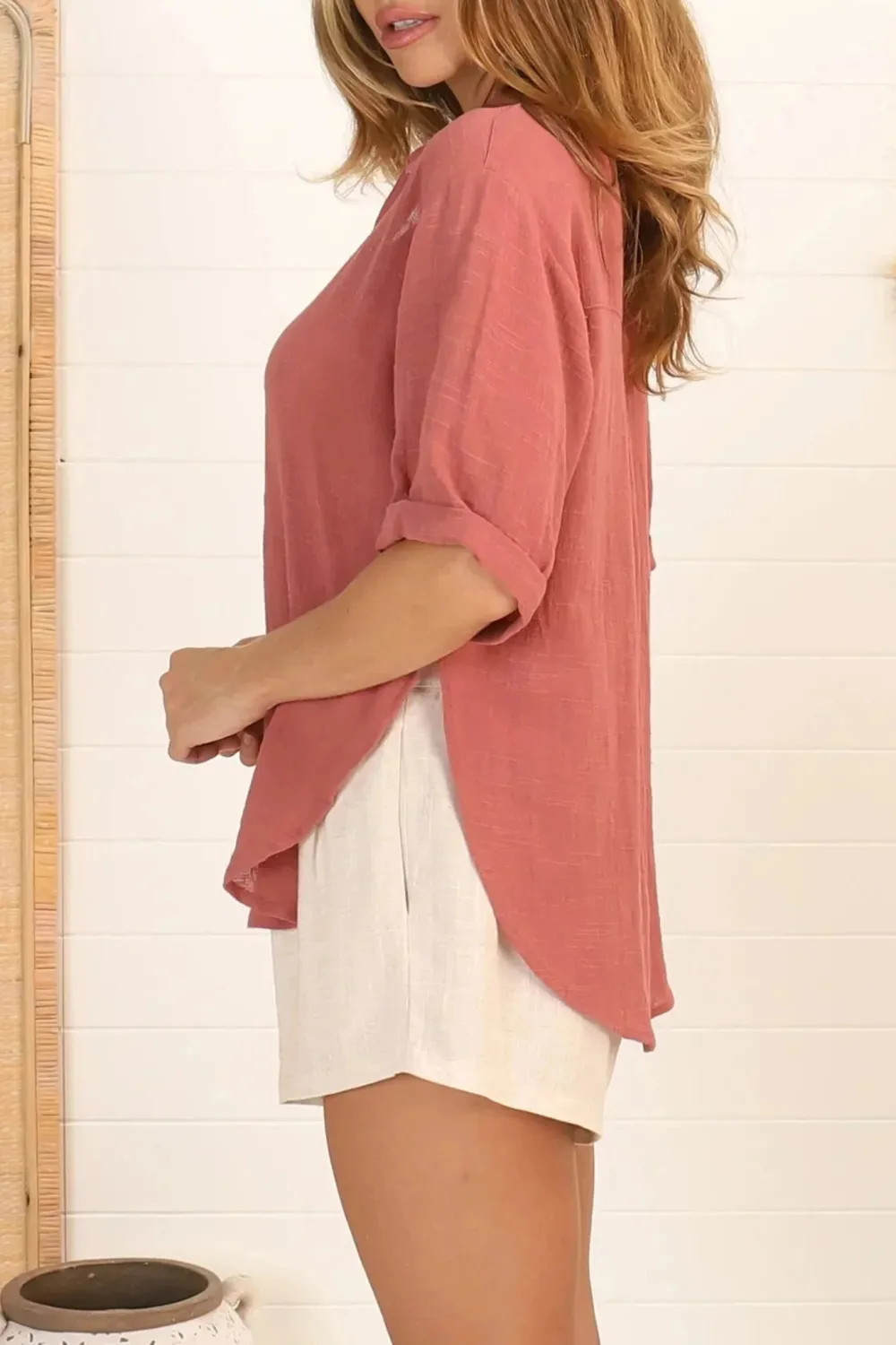 Coral Linen Short Sleeve Button Up Shirt