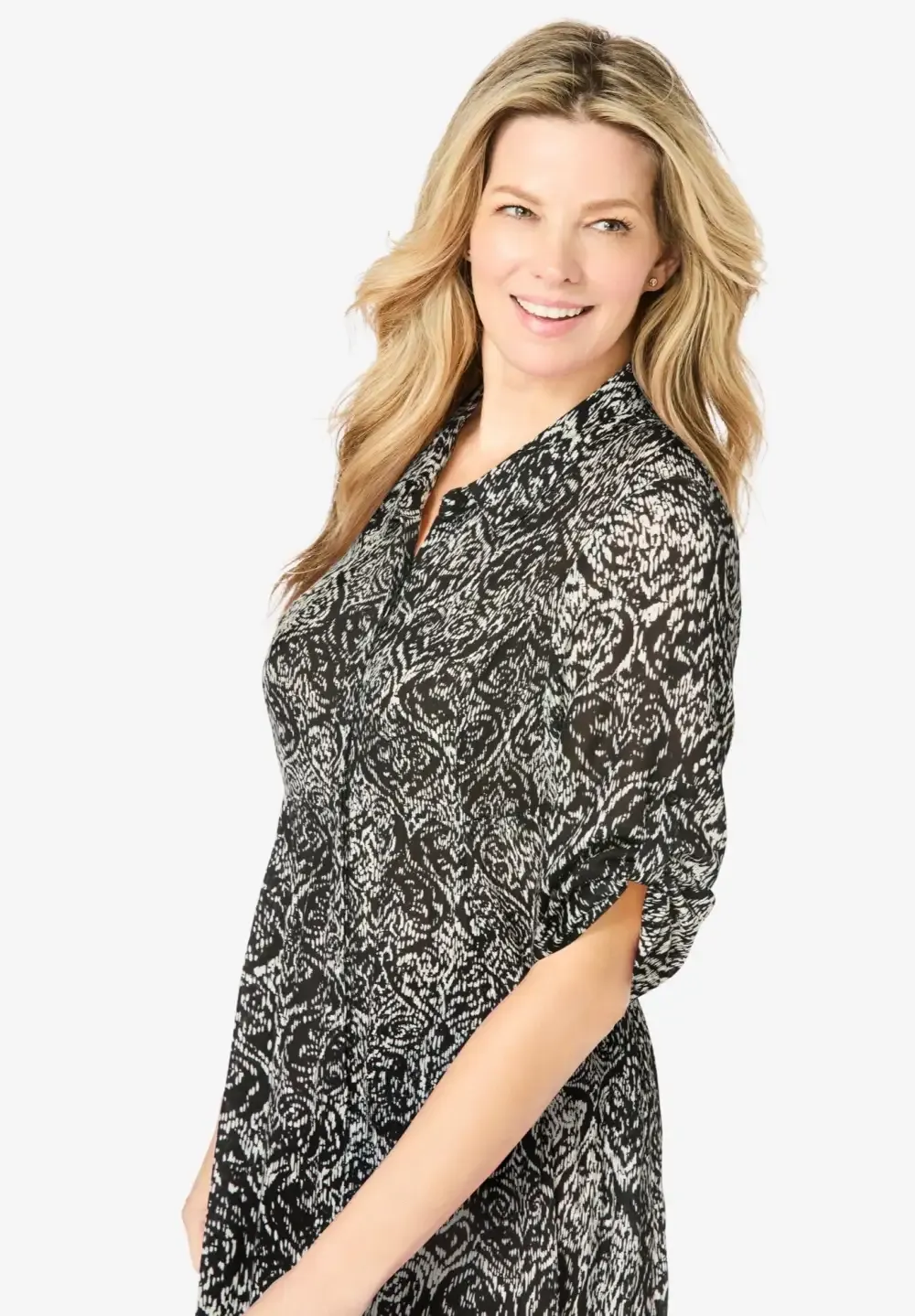 Roll-Tab Sleeve Crinkle Shirtdress