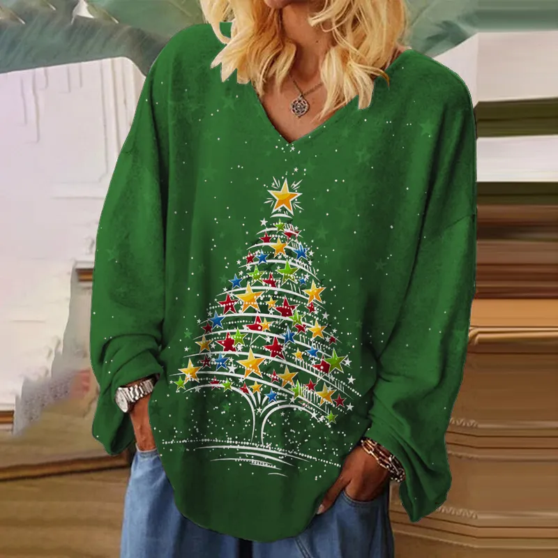 Multicolor Stars Decor Christmas Tree Print Red Long Sleeve Tee