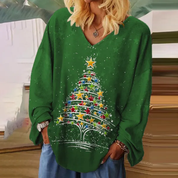 Multicolor Stars Decor Christmas Tree Print Red Long Sleeve Tee