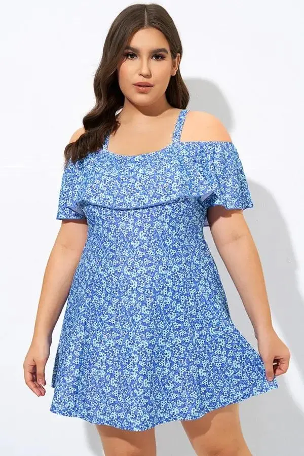 Floral Ruffle Cold Shoulder Women Swimdress