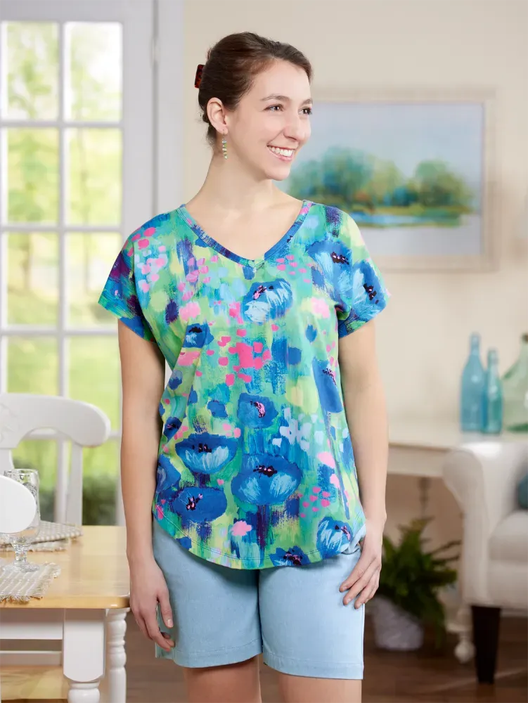 Ella Simone Short-Sleeve Watercolor Splash Cotton and Modal Top