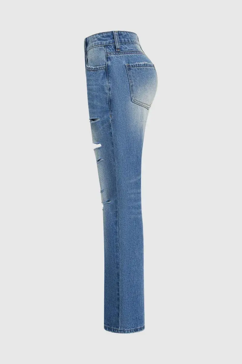 Cut Out Raw Hem High Waist Straight Leg Cropped Jeans