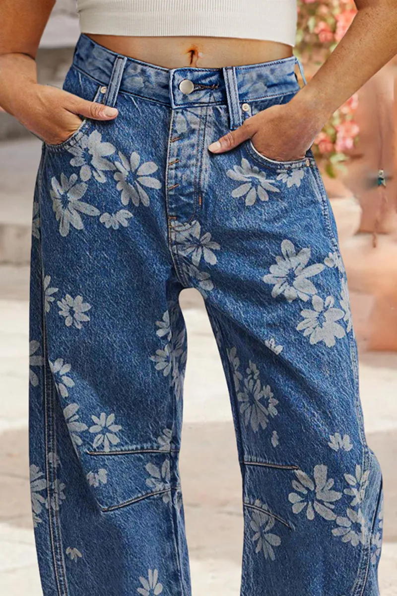 Floral Printed Stitch Detail Criss Cross Mid Waist Barrel Leg Jeans
