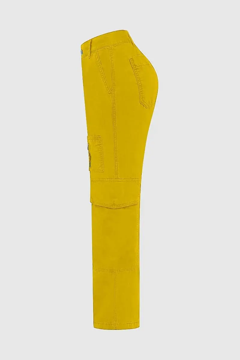 Zip Detail Flap Pocket Cargo Mid Waist Straight Leg Pants