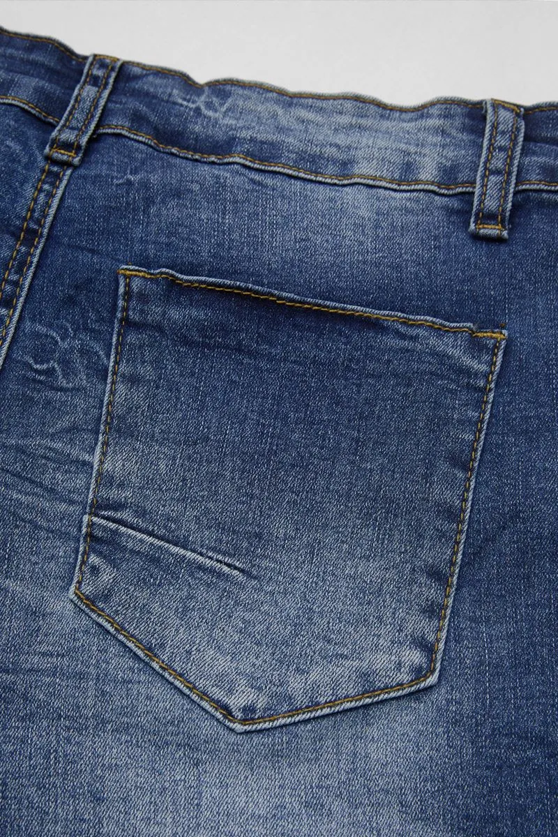Wash Button Up Roll Hem High Waist Denim Mid Thigh Shorts