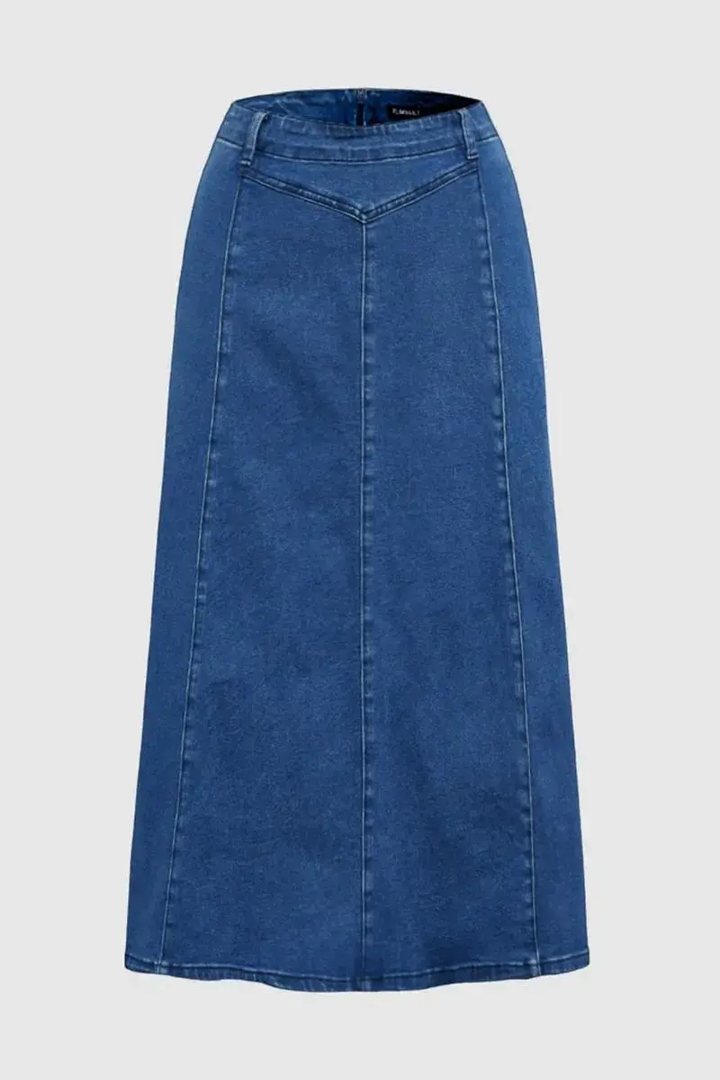 Wash Stitch Detail High Rise Long Denim Skirt Without Belt