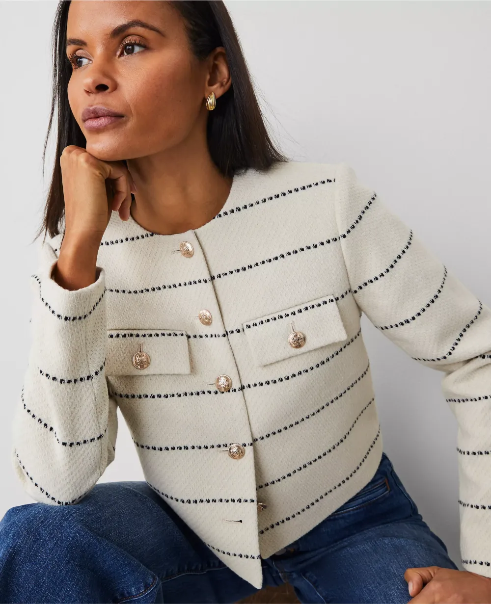 Striped Tweed Crew Neck Jacket