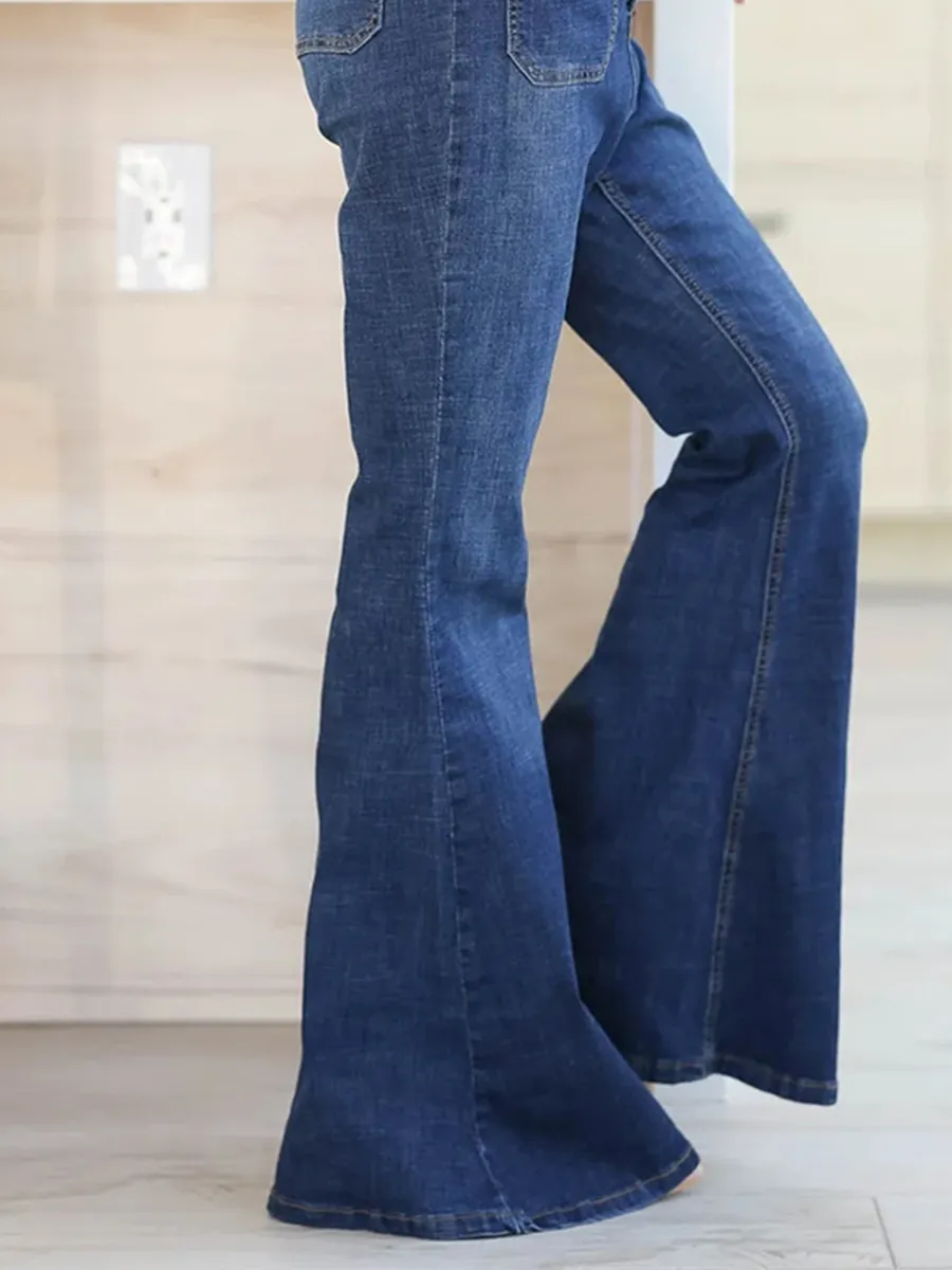 Dark Washed Short Sleeved Flared Leg Denim Jumpsuit