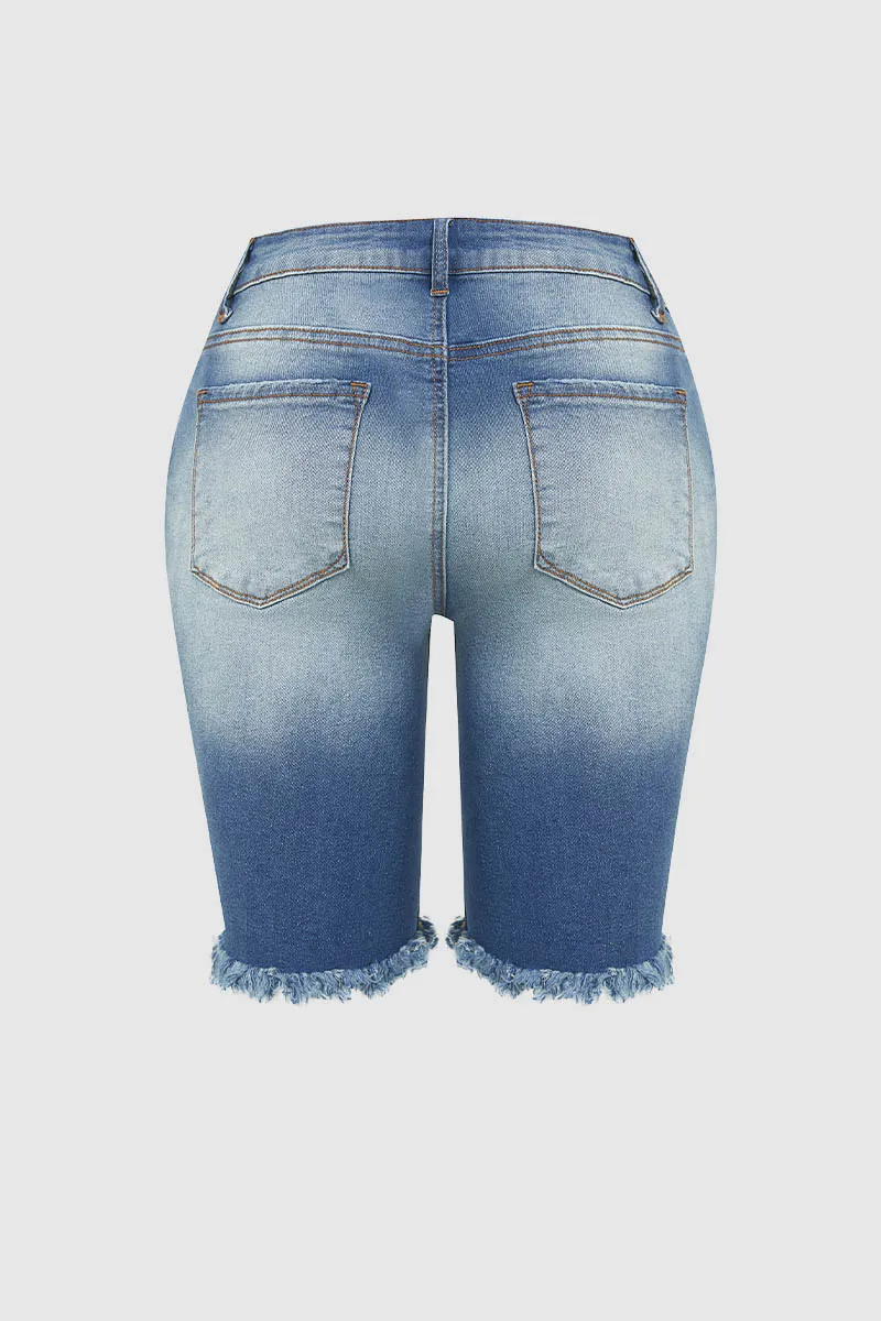 Ripped Raw Hem Button Up Mid Waist Denim Mid Thigh Shorts