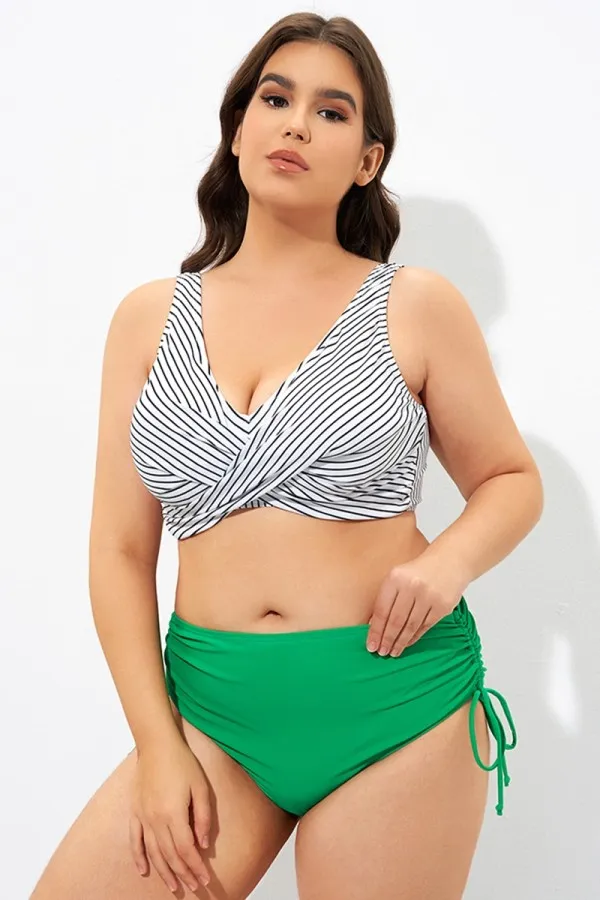 Stripe Front Cross Lace Up Women's Bikini Top