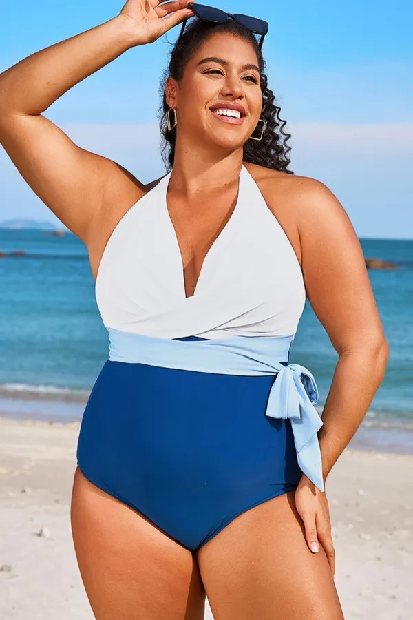 Colorblock Halter Wrap Design One Piece Swimsuit