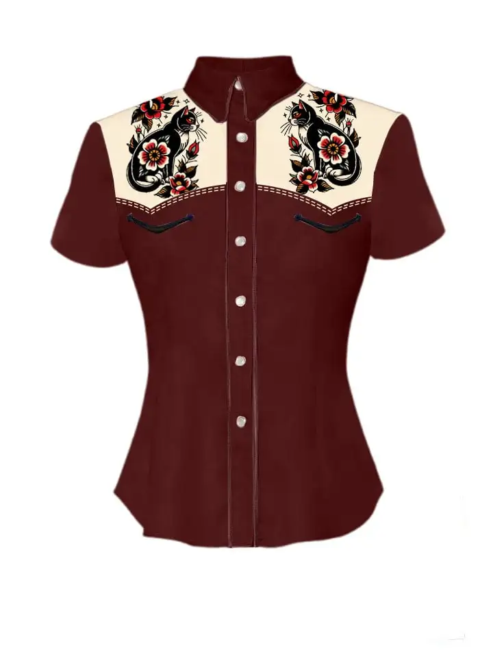 Women's Western Black Cat Print Shirt