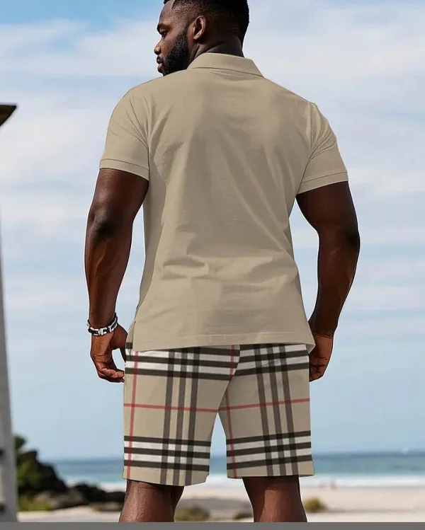 Daily Leisure Holiday Big Brand Plaid Collar Stitching Short Sleeve POLO Shorts Suit Men'S Plus Size