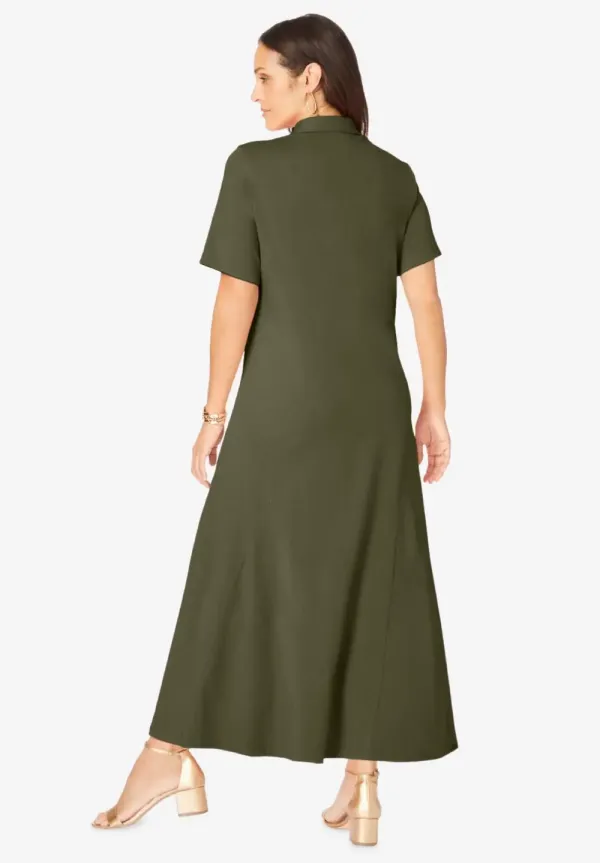 Stretch Cotton Button Front Maxi Dress
