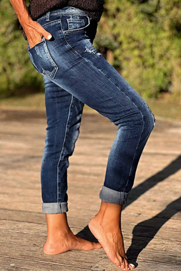 Cut Out Roll Hem High Waist Straight Leg Jeans