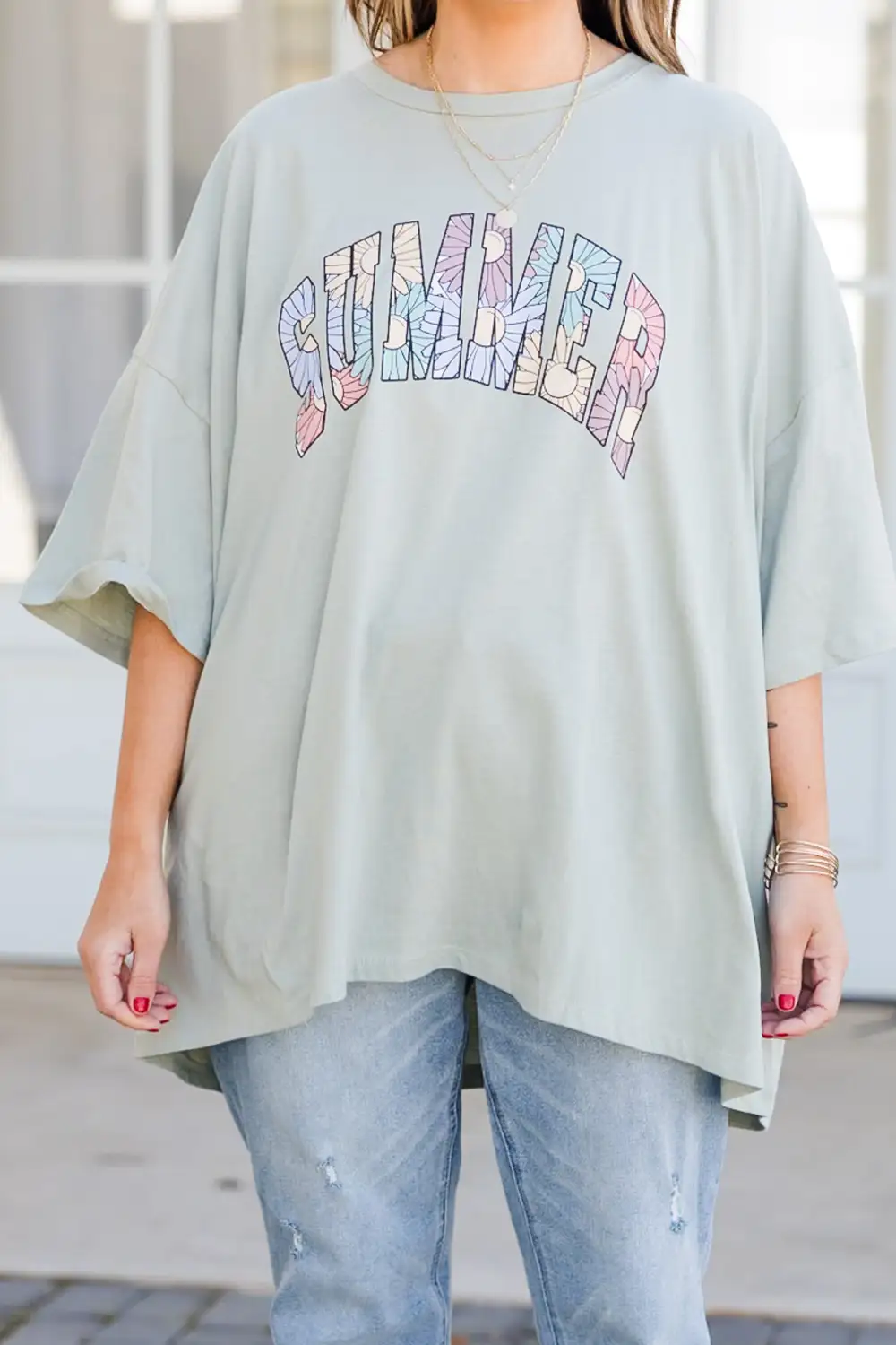 Summer Flowers Boyfriend Tee, Light Sage