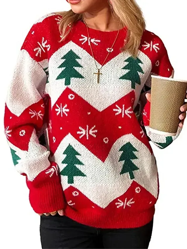 Women's Ugly Christmas Sweater Pullover Sweater Jumper Crew Neck Ribbed Knit Polyester Oversized Fall Winter Xmas Daily Going out Stylish Casual Soft Long Sleeve Color Block Christmas Tree Red S