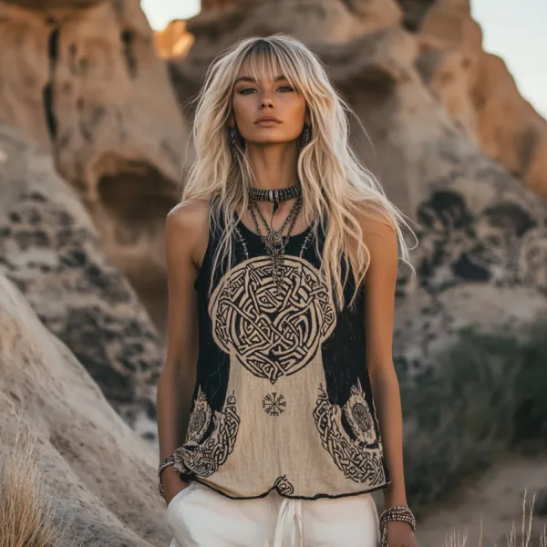 Women's Viking Tribal Ethnic Art Linen Sleeveless Top