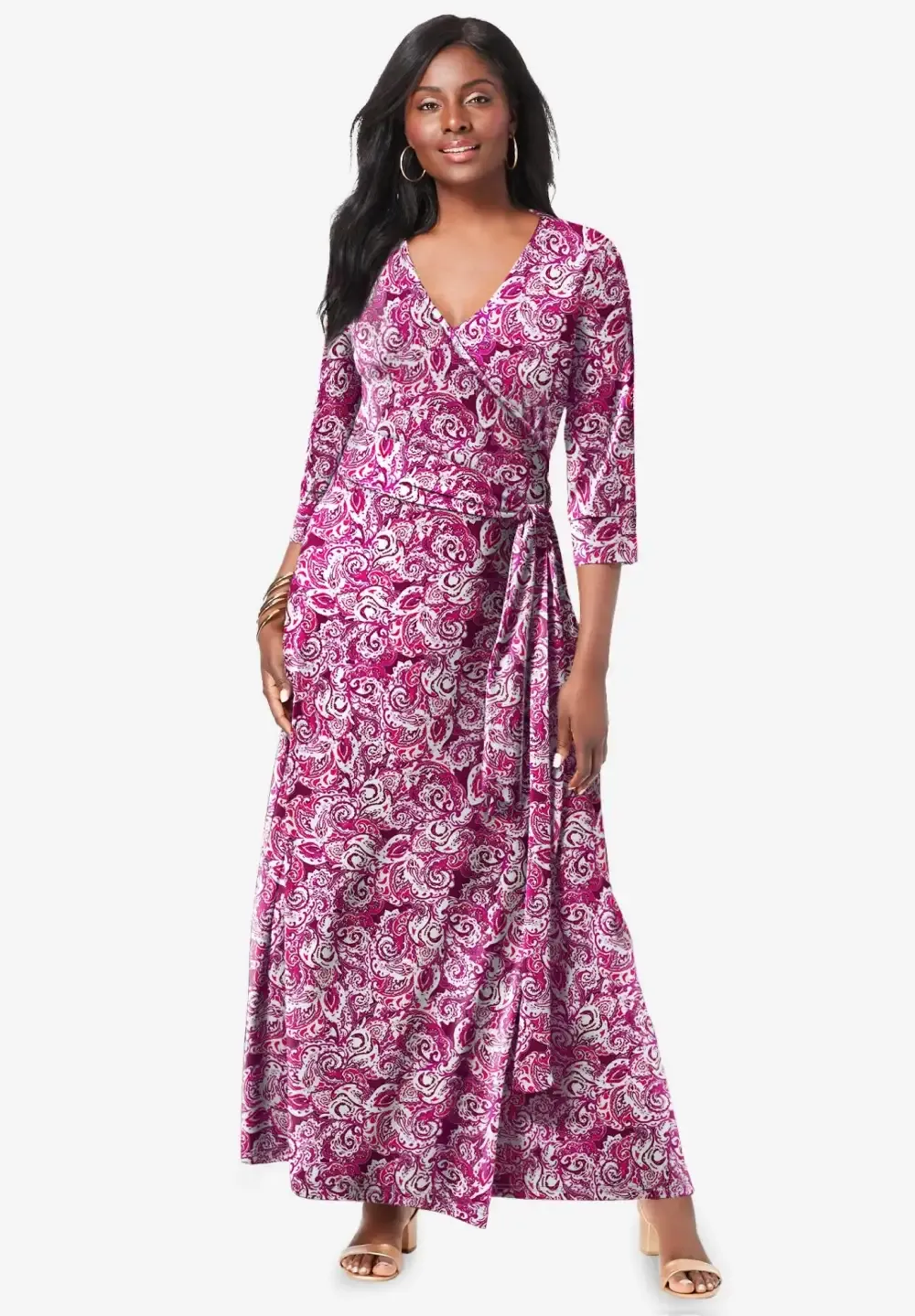 Stretch Knit Faux Wrap Maxi Dress