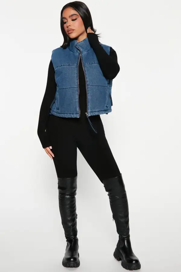 Maya Denim Puffer Vest - Medium Blue Wash