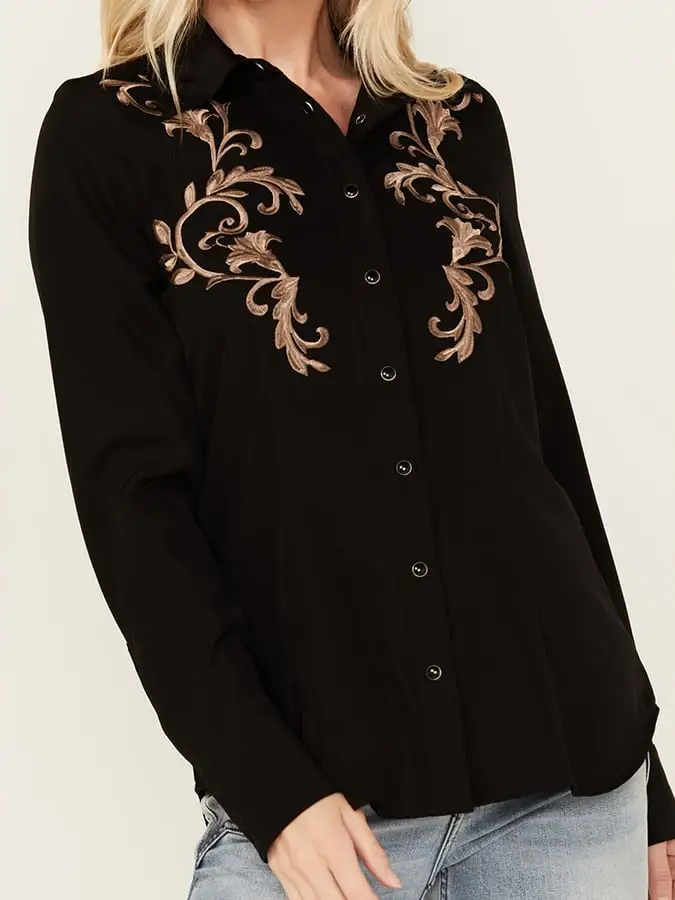 Women's Vintage Western Art Print Casual Linen Shirt