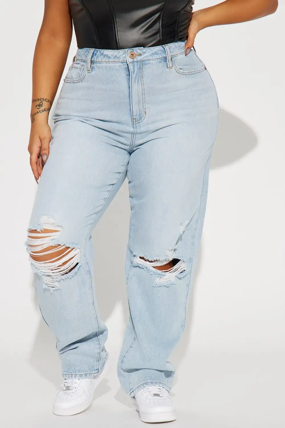 Only One Non Stretch Ripped Straight Leg Jean - Light Wash