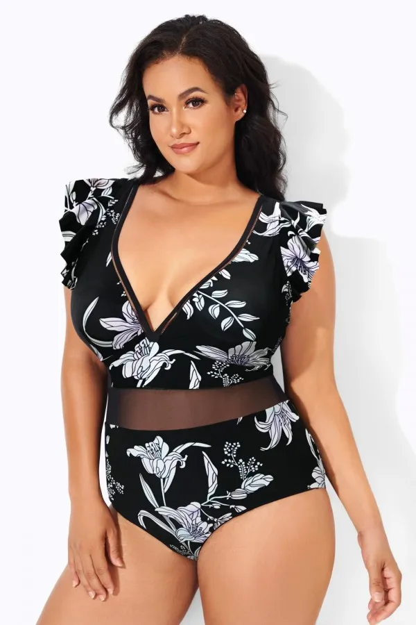 Black Ruffle Plunge V Neck One Piece Swimsuit