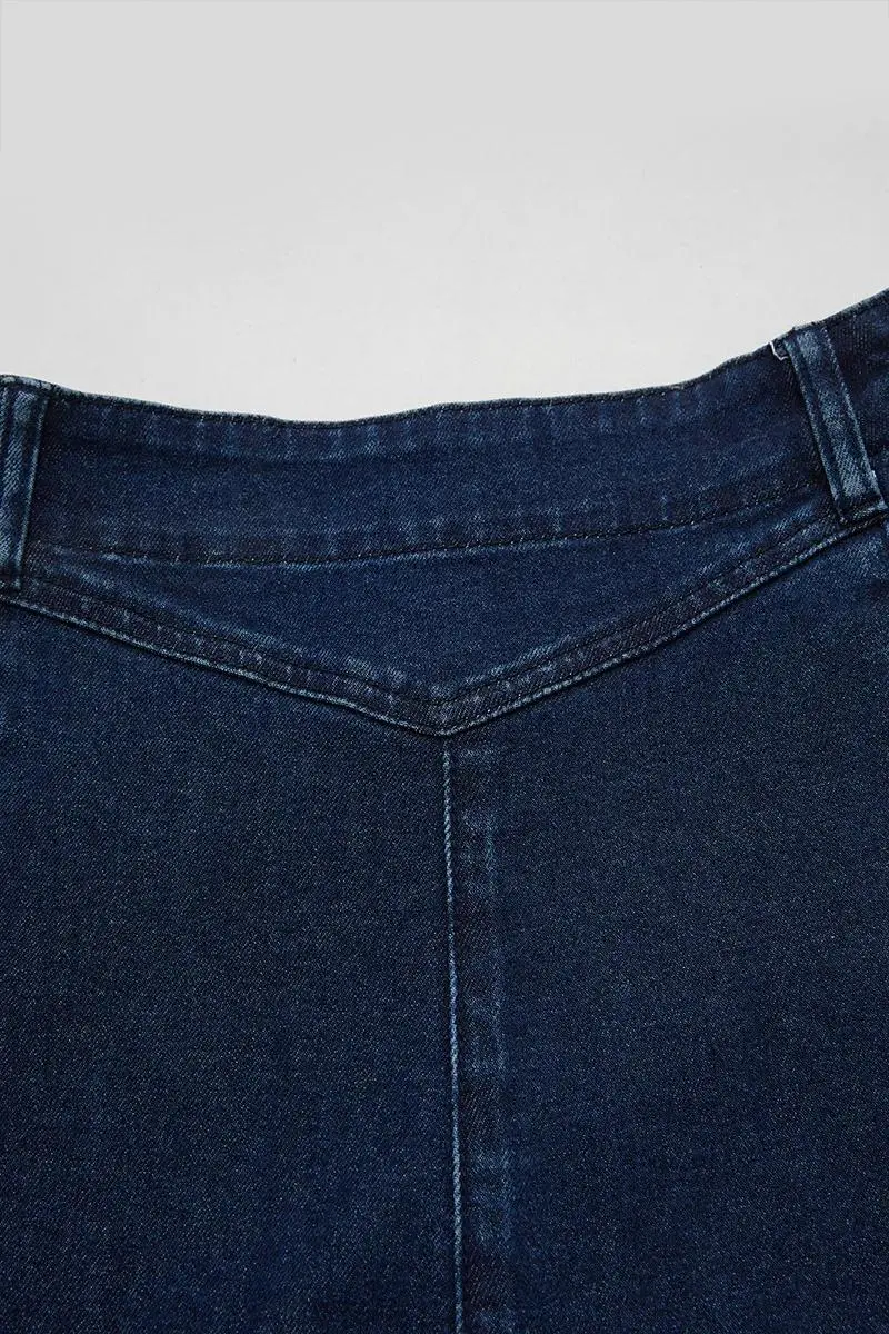 Wash Stitch Detail High Rise Long Denim Skirt Without Belt