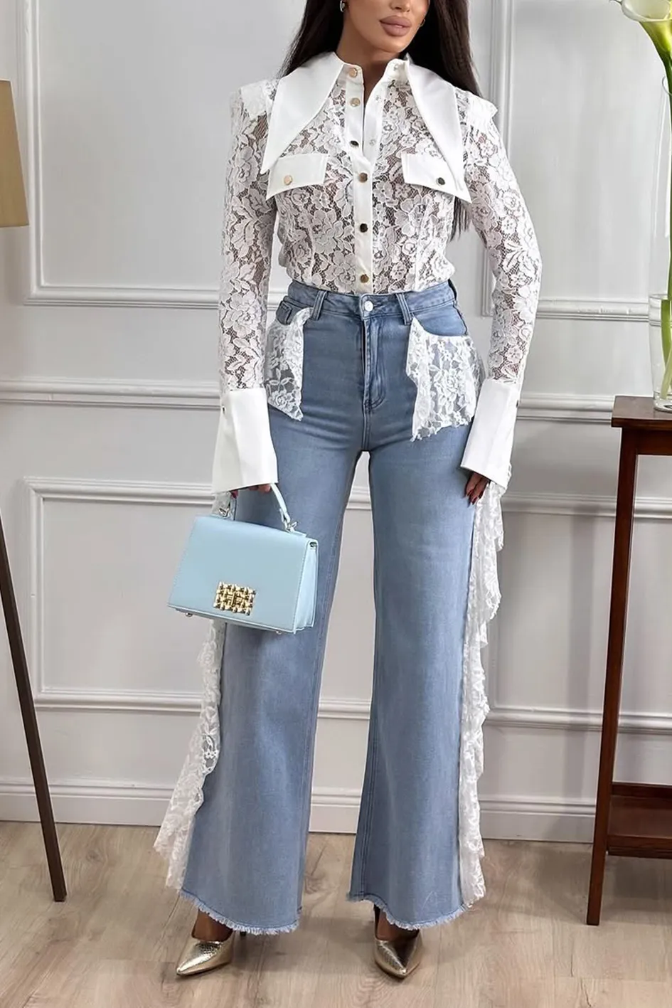 Women'S Lace Patchwork Long Top And Pants Two-Piece Set
