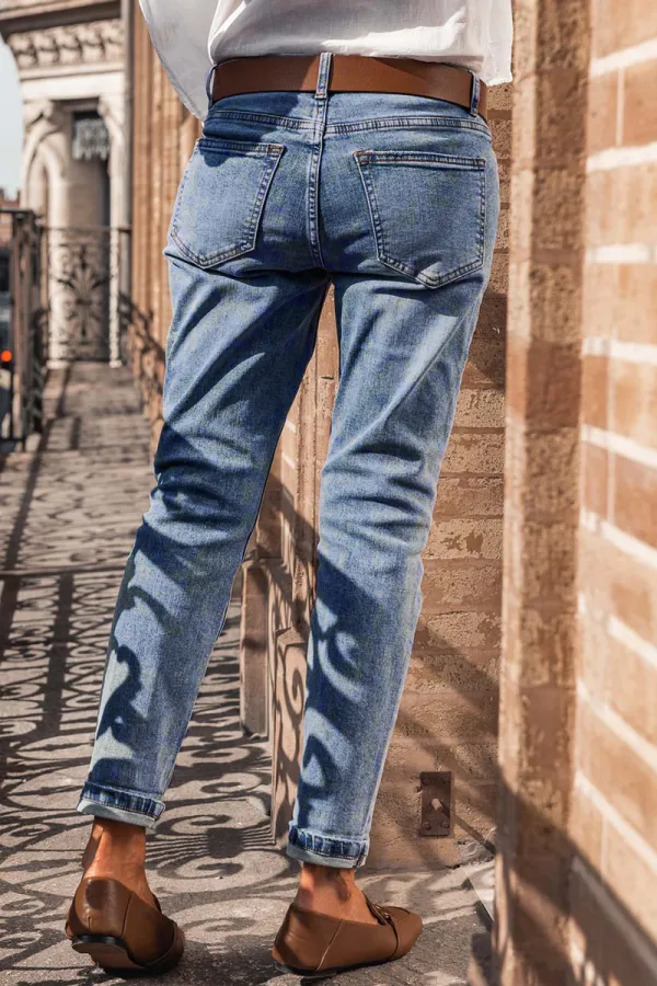 Roll Hem Mid Waist Crop Straight Leg Jeans Without Belt