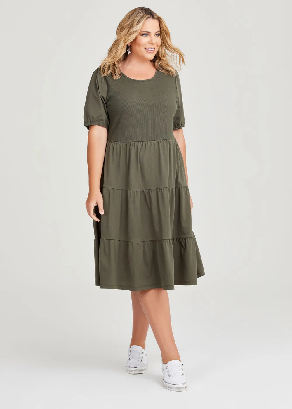 Cotton Puff Sleeve Tiered Dress