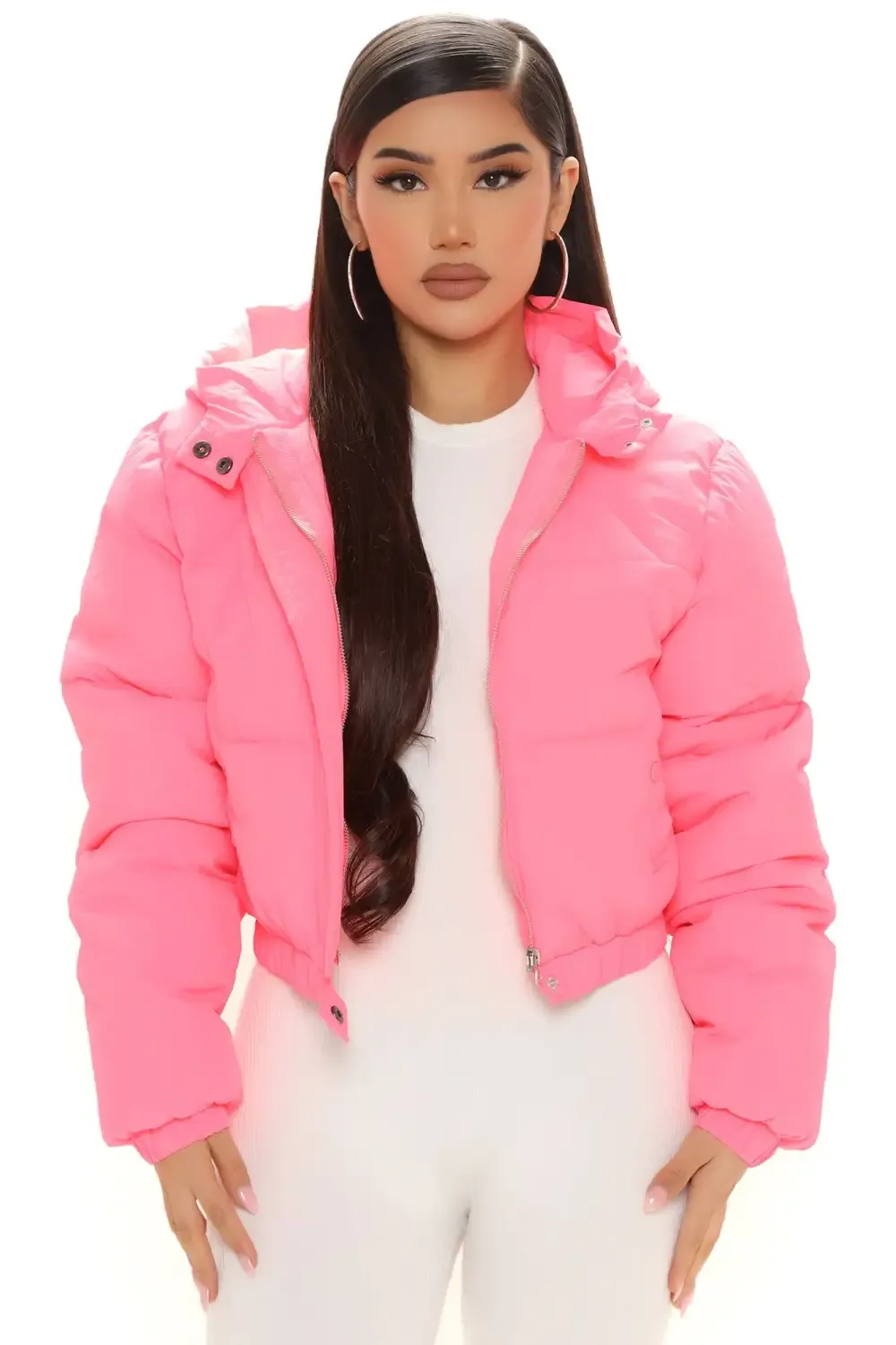 Nights In The City Cropped Puffer Jacket - Hot Pink
