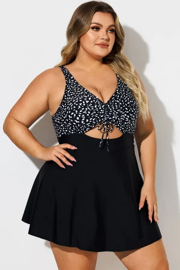 Dot Print V-Neck Lace Up Cut Out Swimdress
