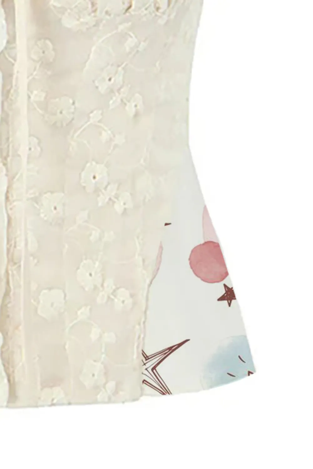 Cute Floral Embroidered Lace Bow Tie Button Up Chiffon Peplum Crop Tank Top