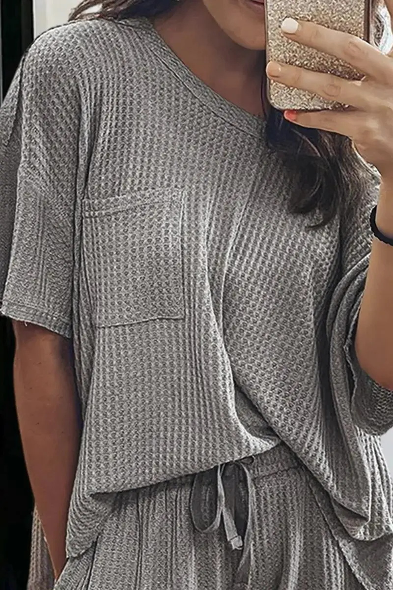 Waffle Knit Patch Pocket T-Shirt & Drawstring High Waist Mid Thigh Shorts Set