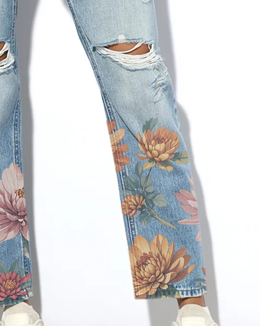 Light Blue Distressed Floral Print Jeans